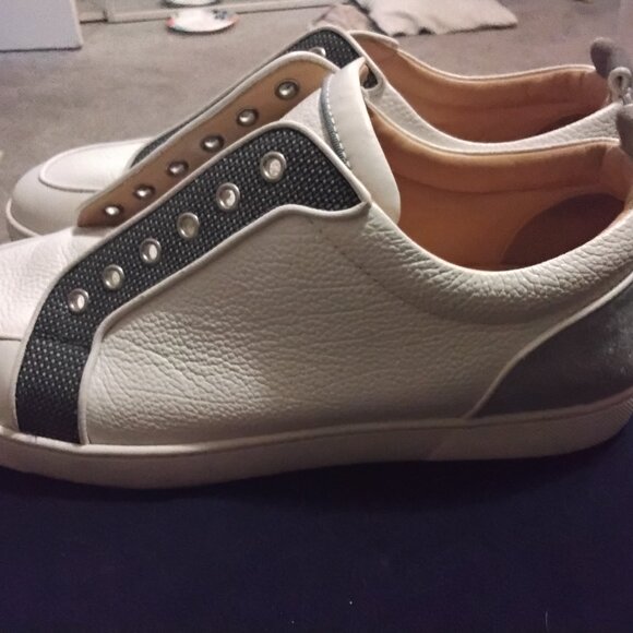 Christian Louboutin Mens Lace-up Tennis Shoes (red bottom),12, White w/Grey Sued main image 4